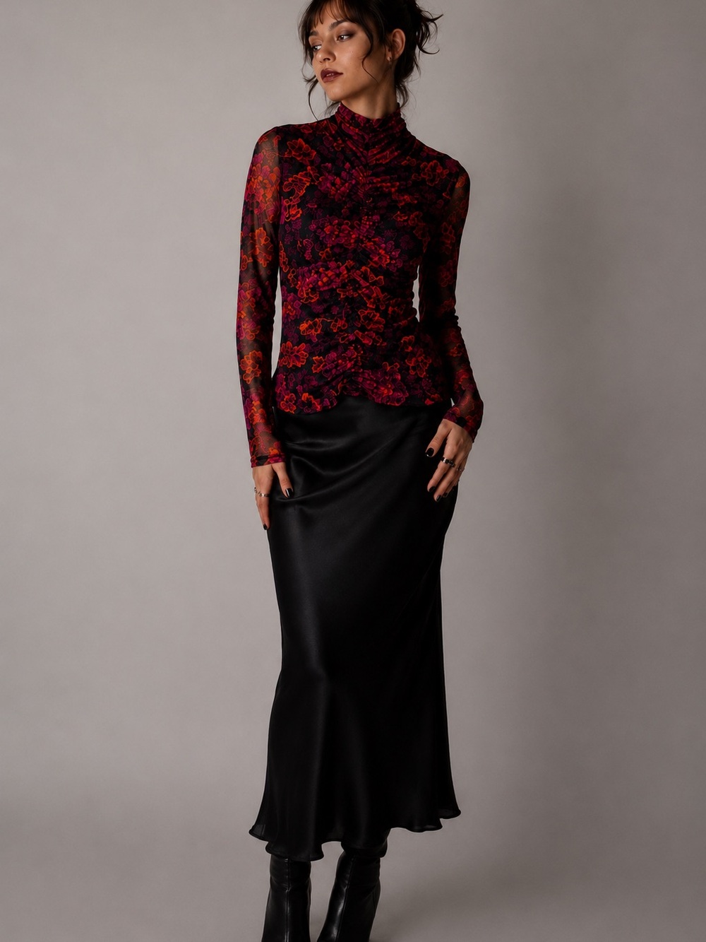 Jane + Delancey Floral Mesh Ruched Long Sleeve Top Whimsigoth Dark Romantic Y2K